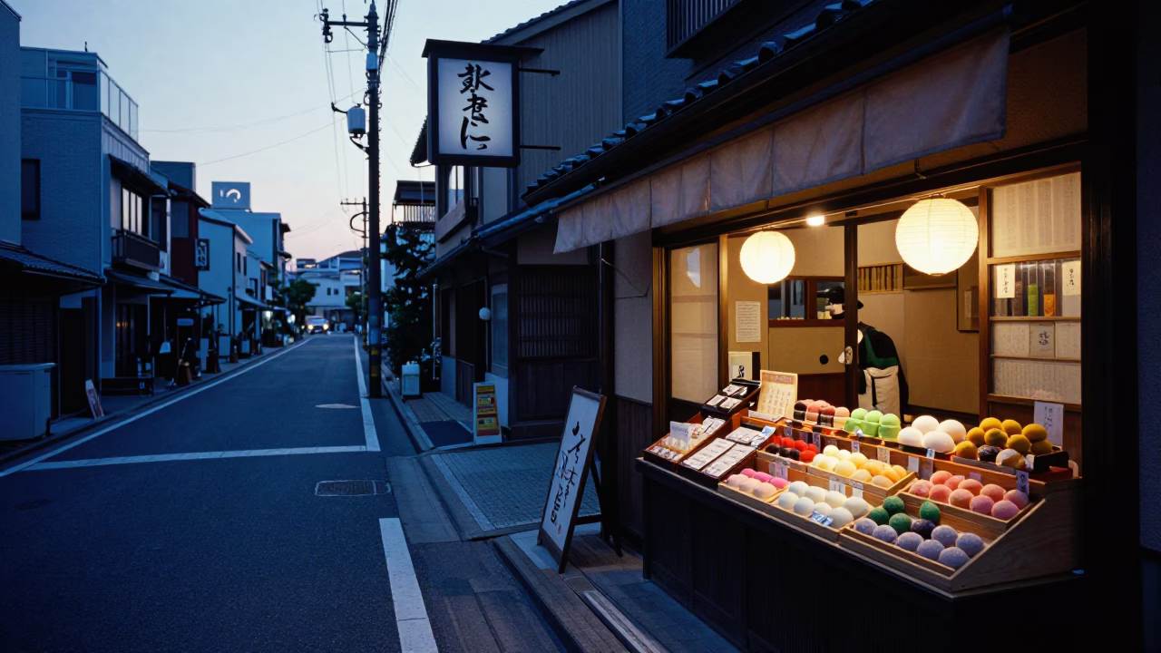 First Light Dawn in Osaka Japan Street Scene with Wagashi Sweets Display in in Osaka, Japan