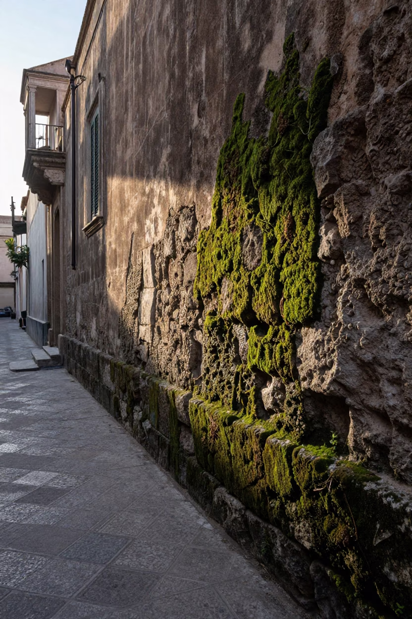 First Light Dawn in Palermo Italy Revealing Mossy Stone Walls and Plumbago Hedges in in Palermo, Italy