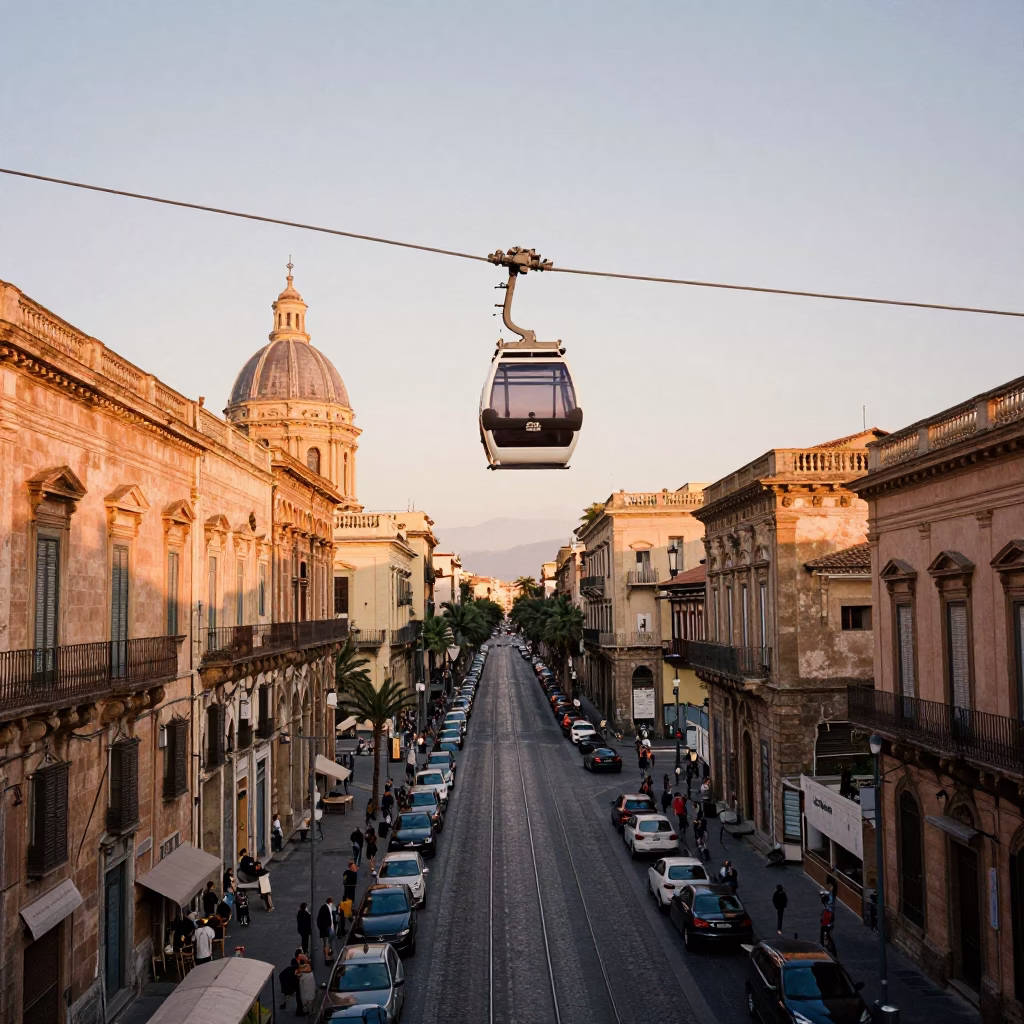 First Light Dawn in Palermo Italy Street Scene with Aerial Tramway Gondola in in Palermo, Italy