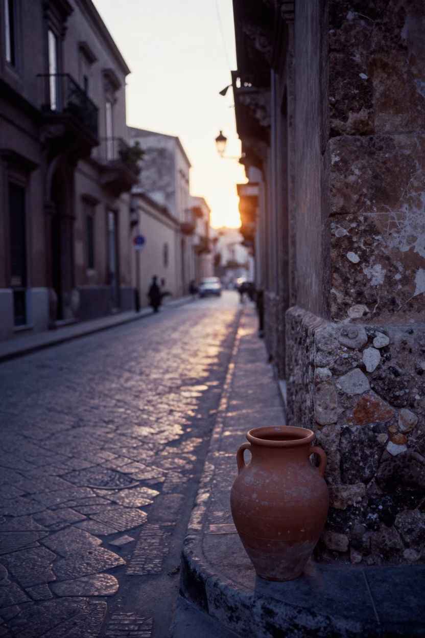First Light Dawn in Palermo Italy Street Scene with Clay Pot and Tree in in Palermo, Italy