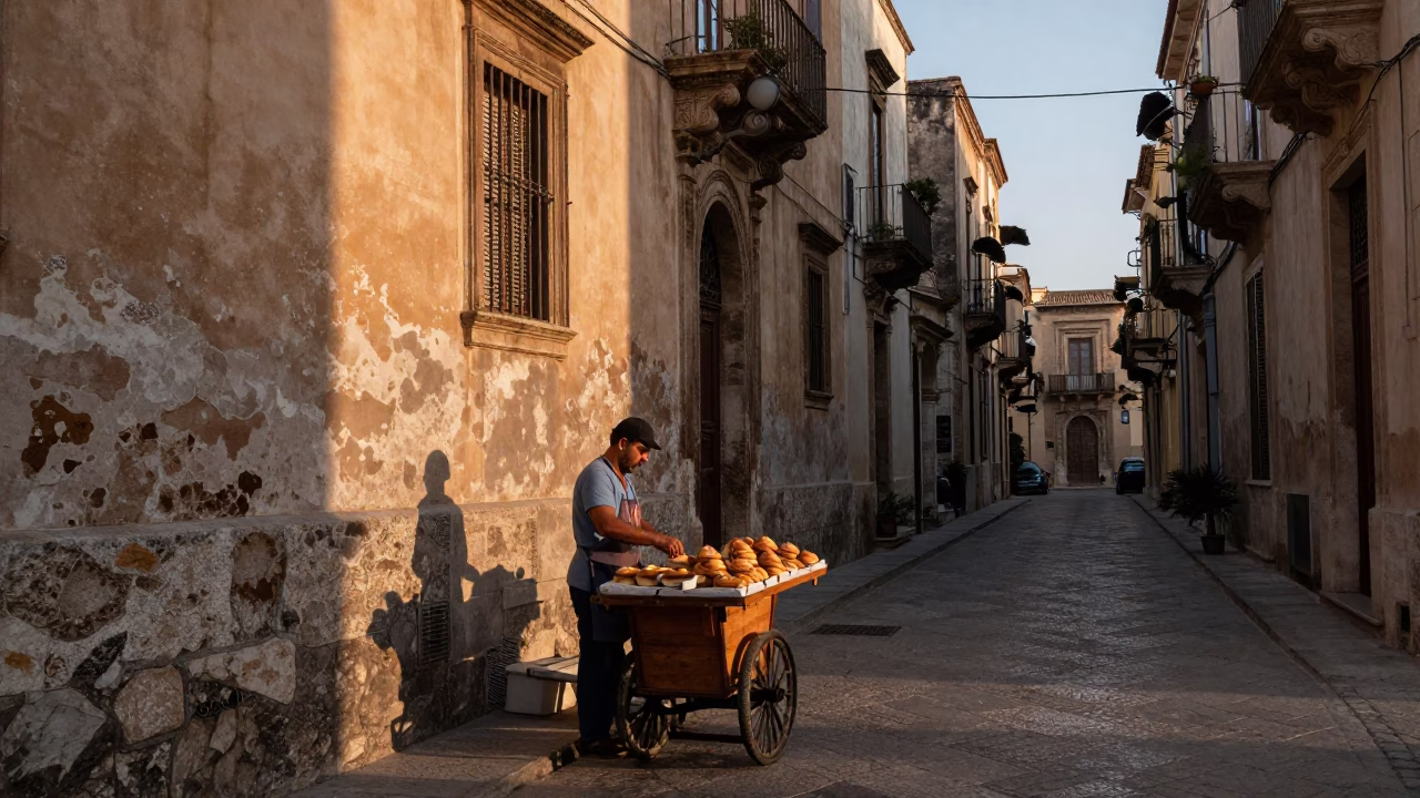First Light Dawn in Palermo Italy Street Scene with Vintage Details in in Palermo, Italy