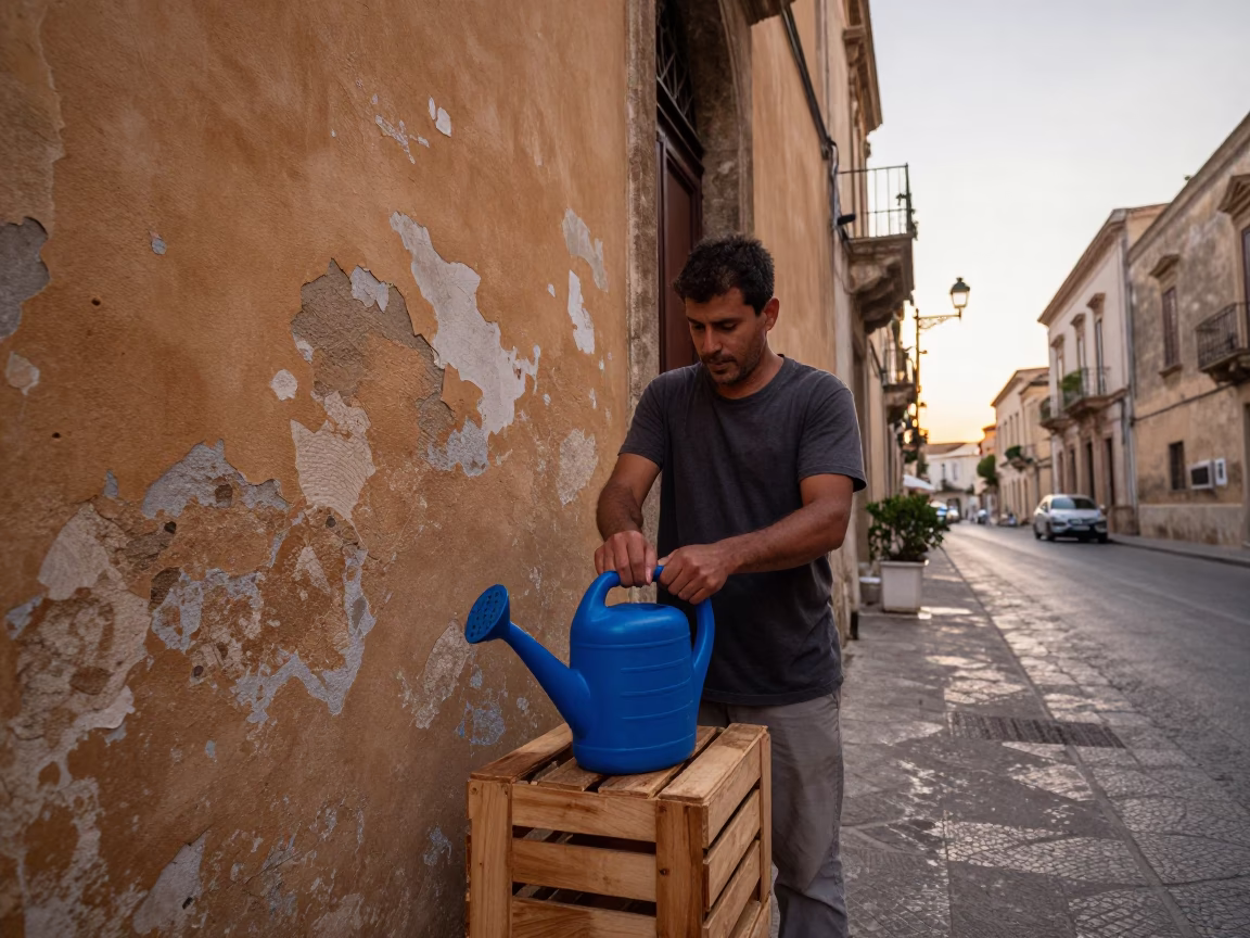 First Light Dawn in Palermo Italy Street Scene with Watering Jug in in Palermo, Italy