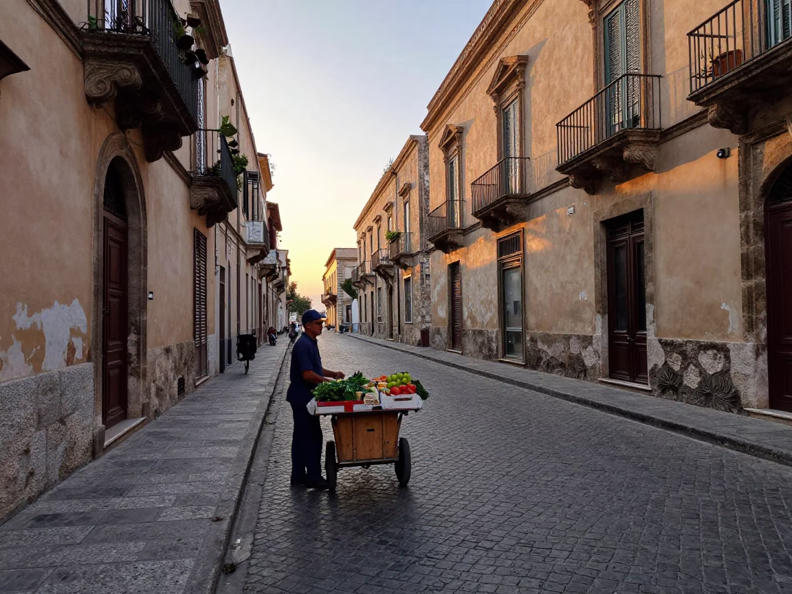First Light Dawn in Palermo Italy with Rolling Carts on Cobblestone Streets in in Palermo, Italy