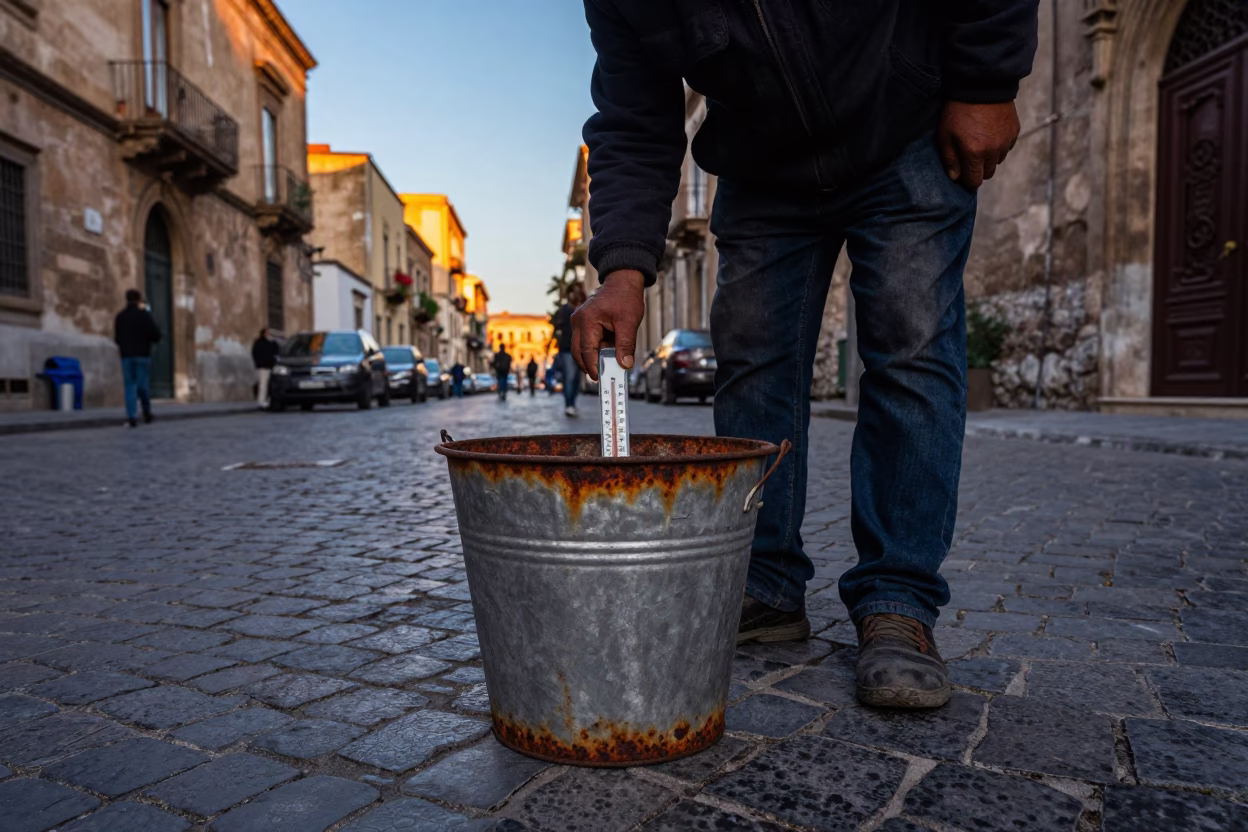 First Light Dawn in Palermo Italy with Rusty Bucket and Thermometer in in Palermo, Italy