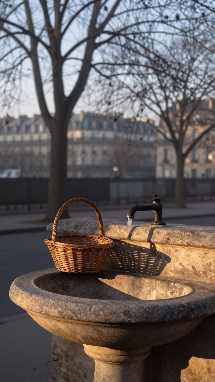 First Light Dawn in Paris France with Wicker Shadow on Basin and Watering Can in in Paris, France