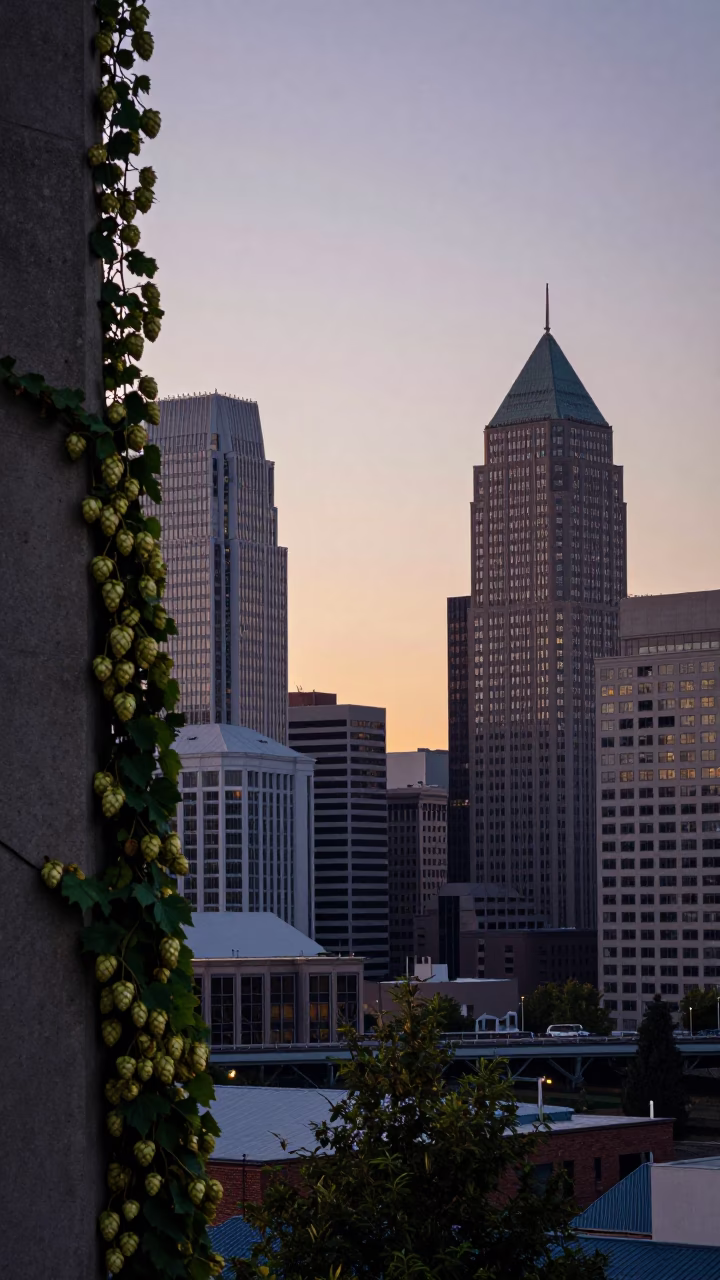 First Light Dawn in Portland Oregon Cityscape with Hops Vine and Zinnias in in Portland, Oregon, United States