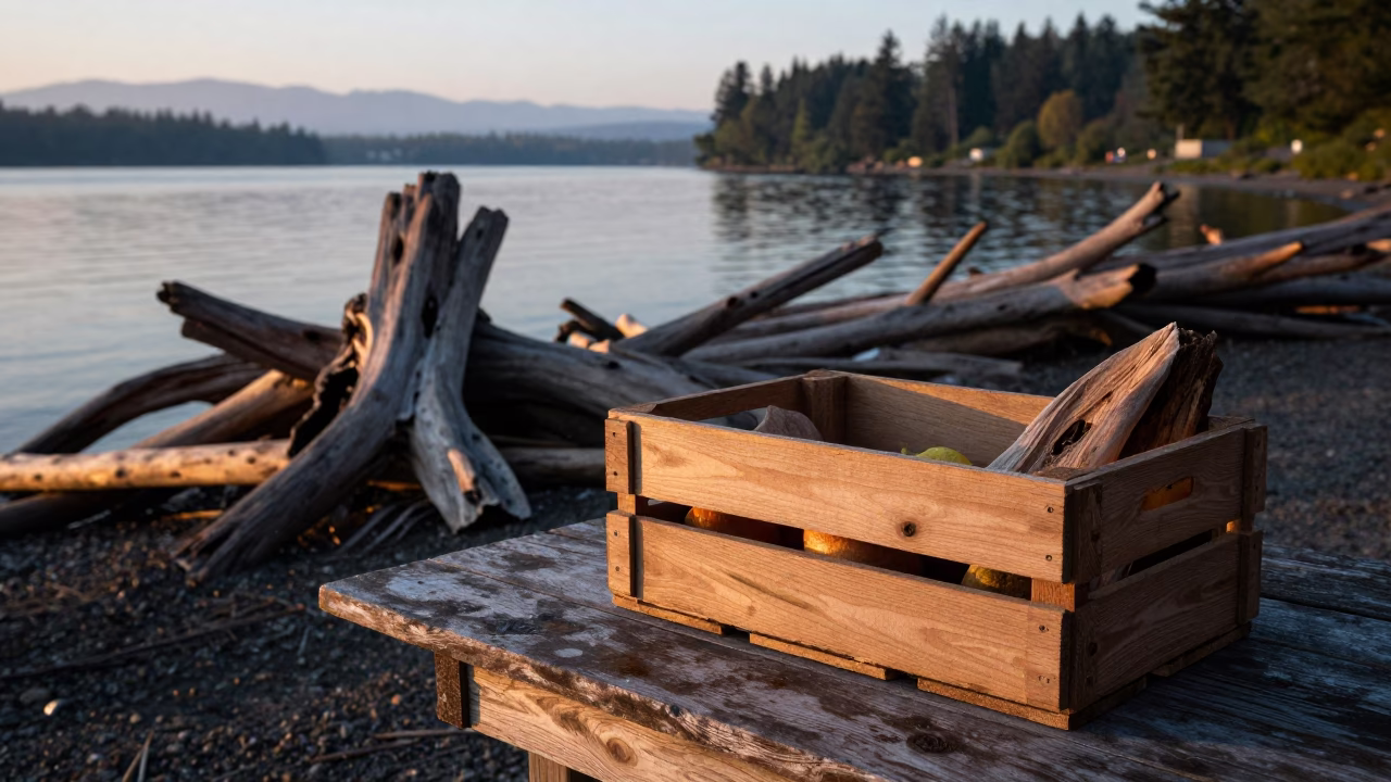First Light Dawn in Portland Oregon Fruit Crate and Driftwood on Table in in Portland, Oregon, United States