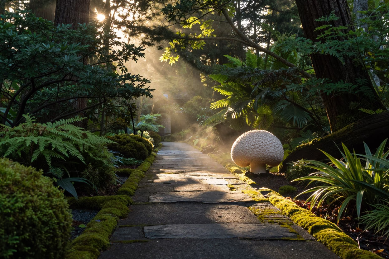 First Light Dawn in Portland Oregon Street Scene with Puffball Mushroom and Sweet Pea in in Portland, Oregon, United States