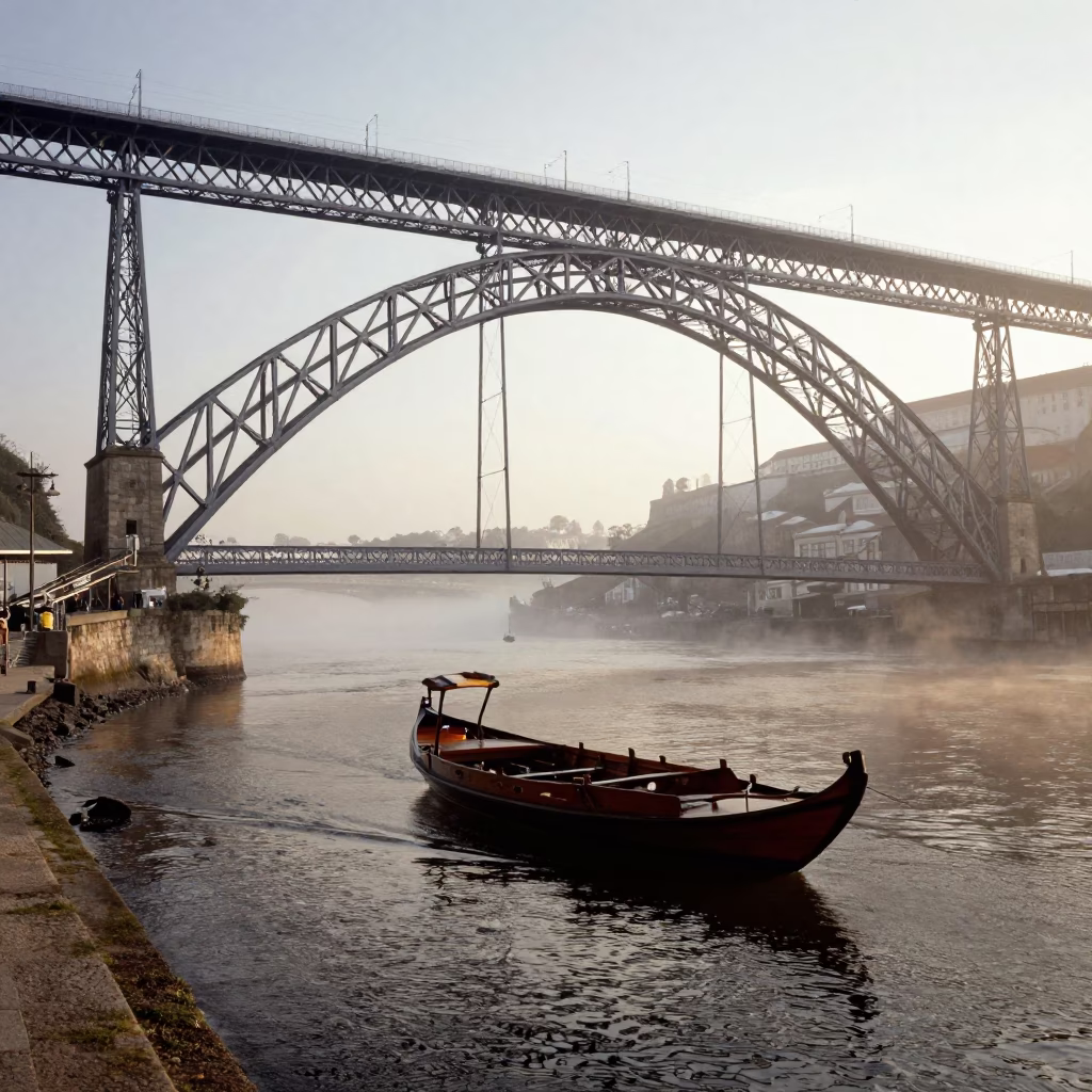 First Light Dawn in Porto Portugal Rabelo Boat Under Iron Bridge in in Porto, Portugal