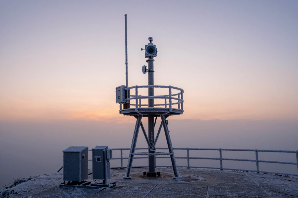 First Light Dawn in Porto Portugal Rime Ice on Weather Station Summit in in Porto, Portugal