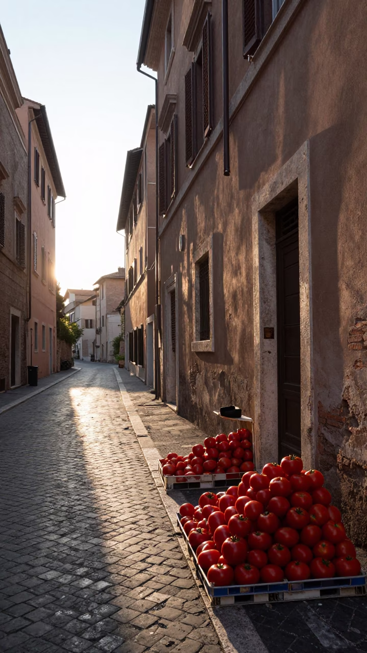 First Light Dawn in Rome Italy Street Scene with Tomatoes and Local Life in in Rome, Italy
