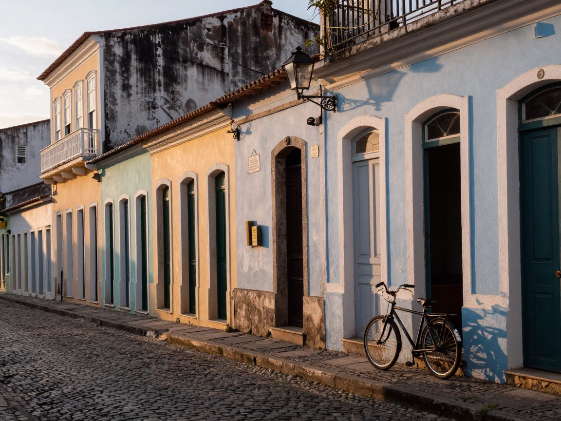 First light dawn in Salvador Brazil street scene with bicycle and brooms in in Salvador, Brazil