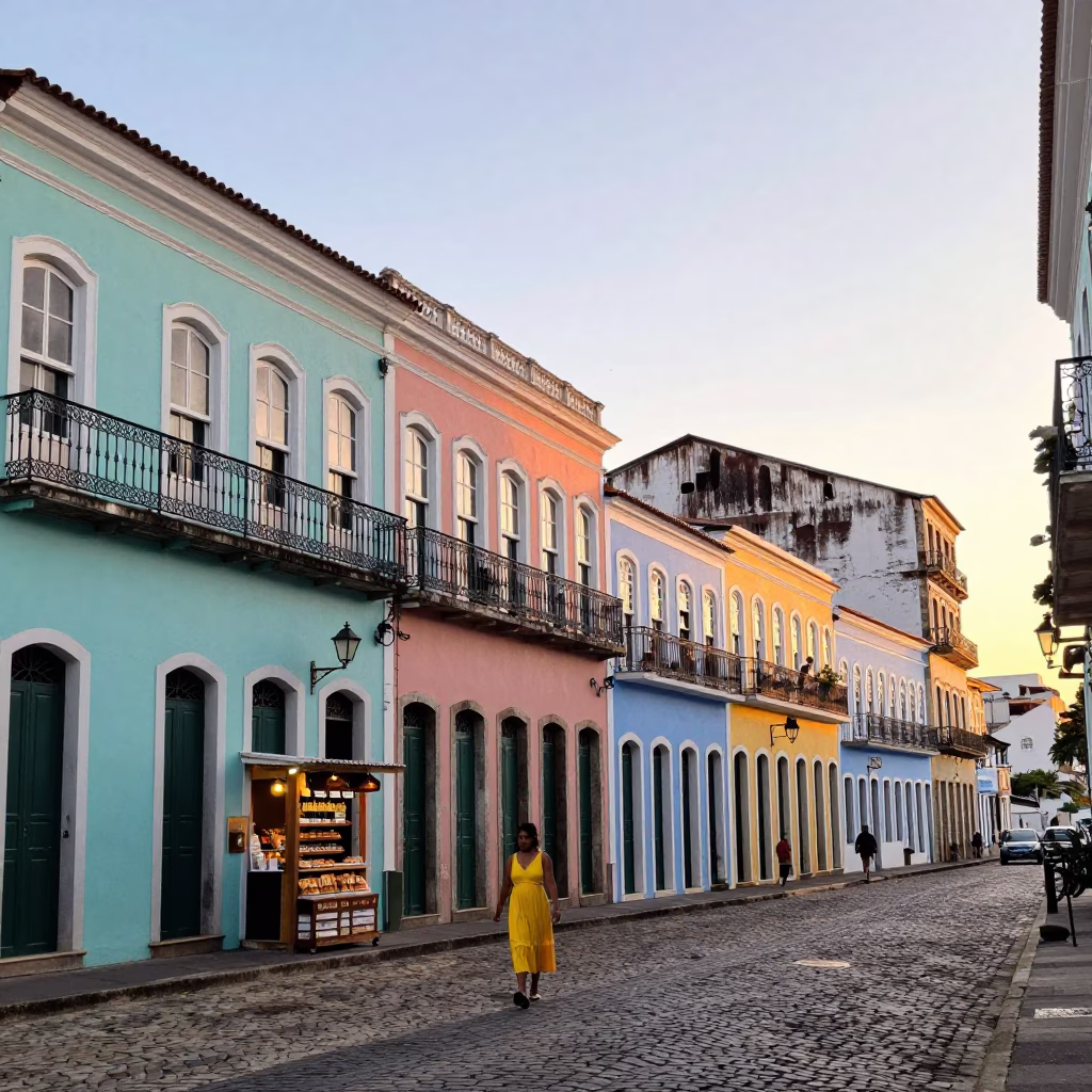 First Light Dawn in Salvador Brazil Street Scene with Colorful Architecture in in Salvador, Brazil