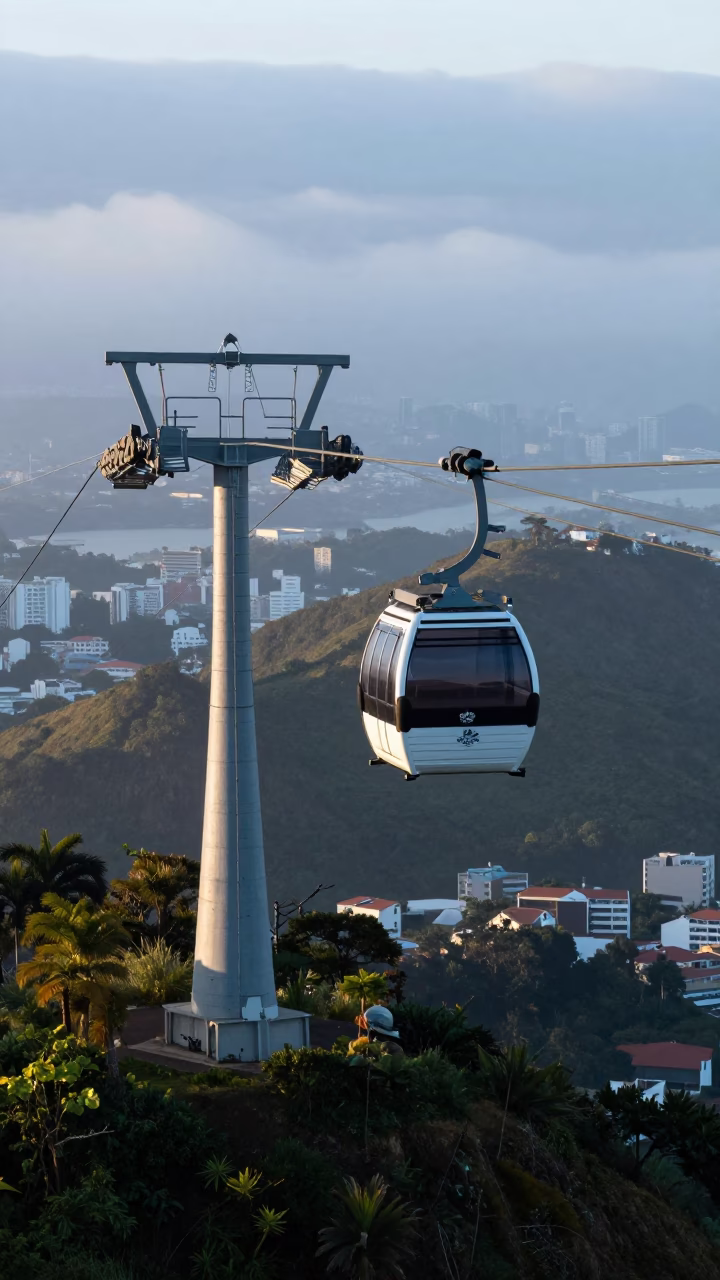 First Light Dawn in Salvador Brazil with Aerial Tramway Gondola and Morning Fog in in Salvador, Brazil