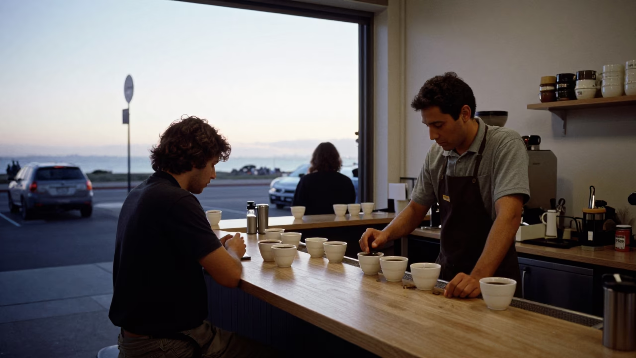 First Light Dawn in San Diego California Coffee Cupper Tasting Scene in in San Diego, California, United States