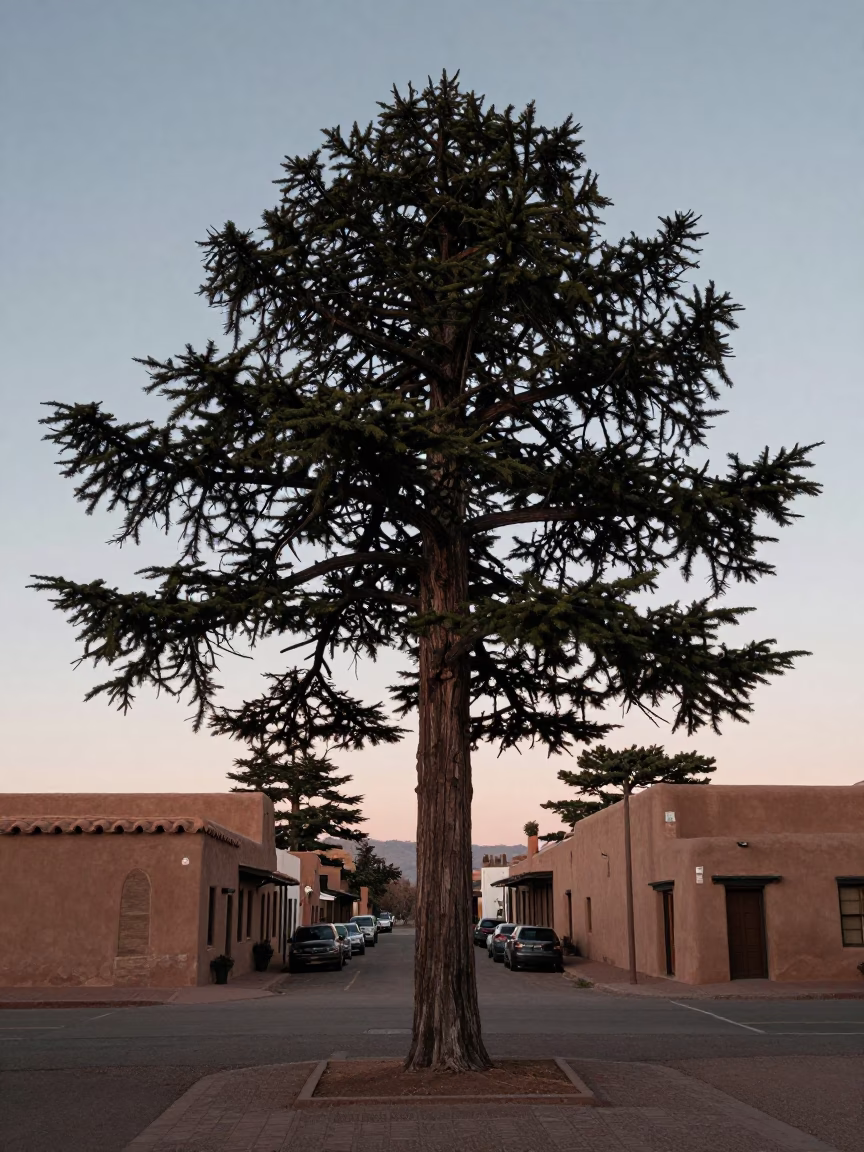 First Light Dawn in Santa Fe New Mexico Adobe Architecture and Cedar Trees in in Santa Fe, New Mexico, United States