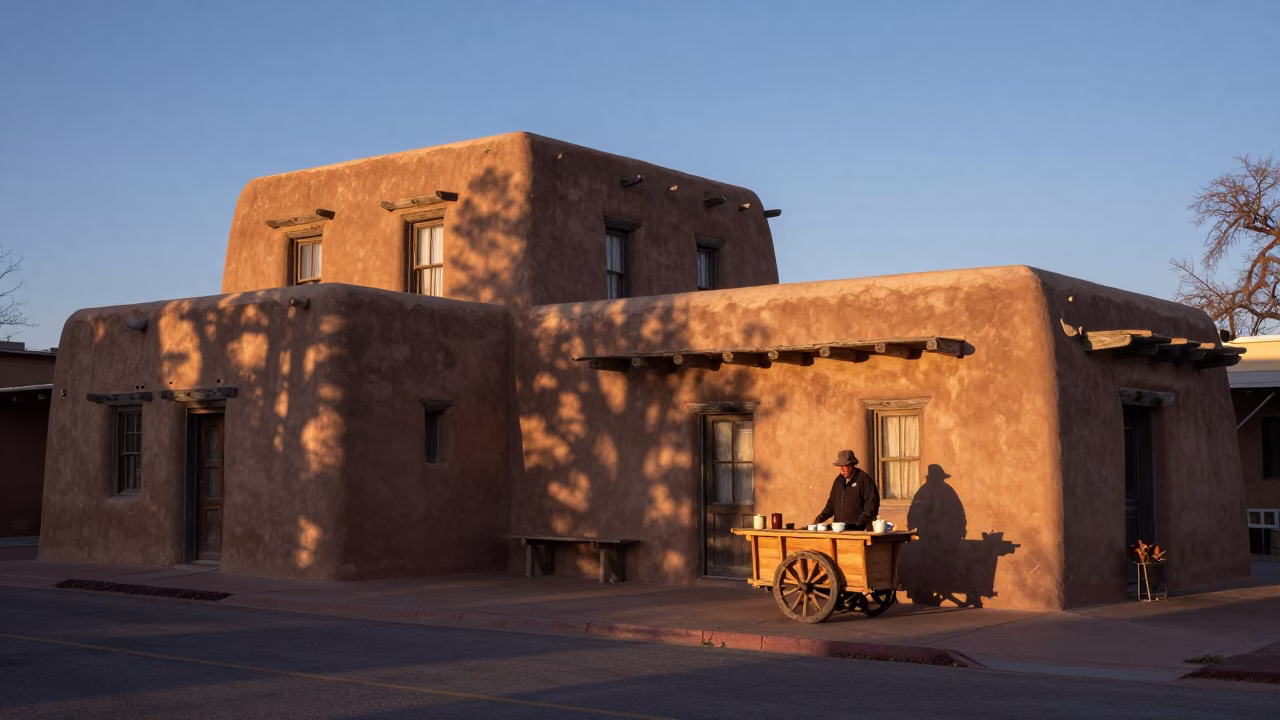 First Light Dawn in Santa Fe New Mexico Adobe Architecture and Morning Coffee in in Santa Fe, New Mexico, United States