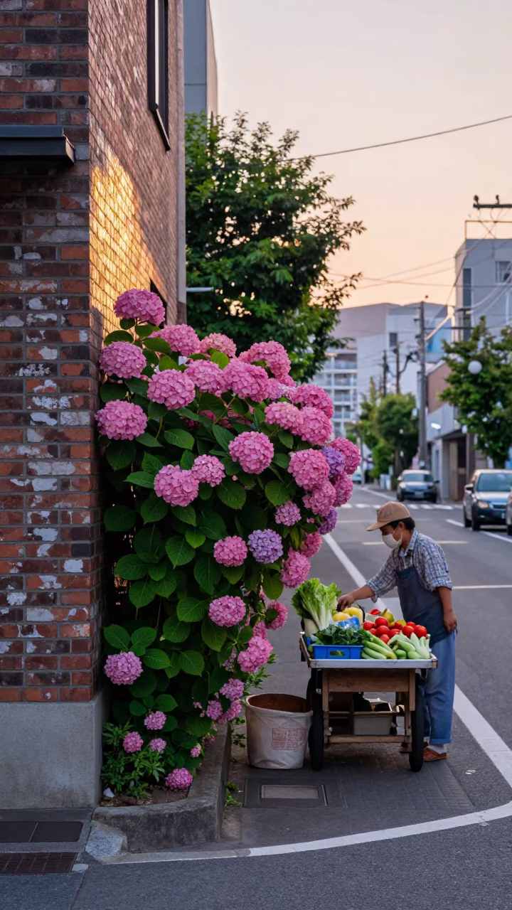 First Light Dawn in Sapporo Japan Street Scene with Hydrangeas and Vintage Details in in Sapporo, Japan