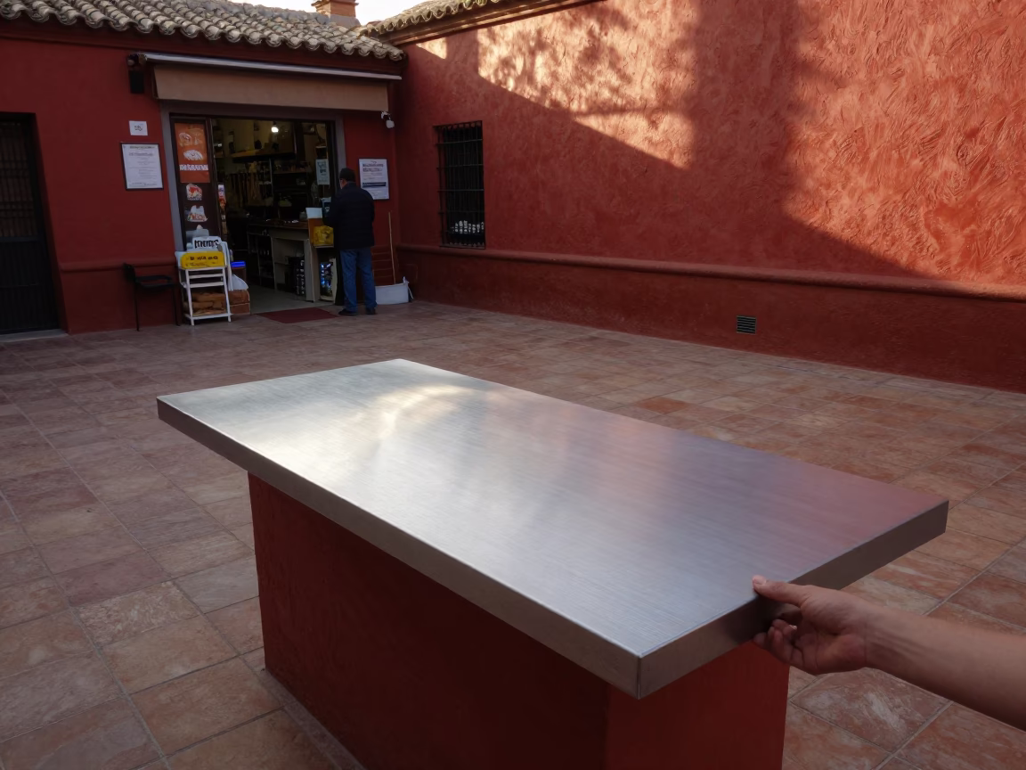 First Light Dawn in Seville Spain Brushed Steel Countertop and Hand Broom in Courtyard in in Seville, Spain