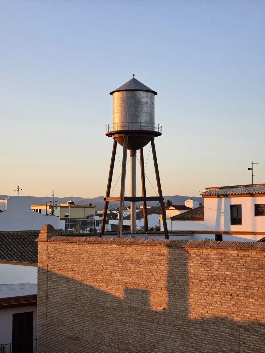 First Light Dawn in Seville Spain with Rooftop Water Tower and Lichen Boulder in in Seville, Spain