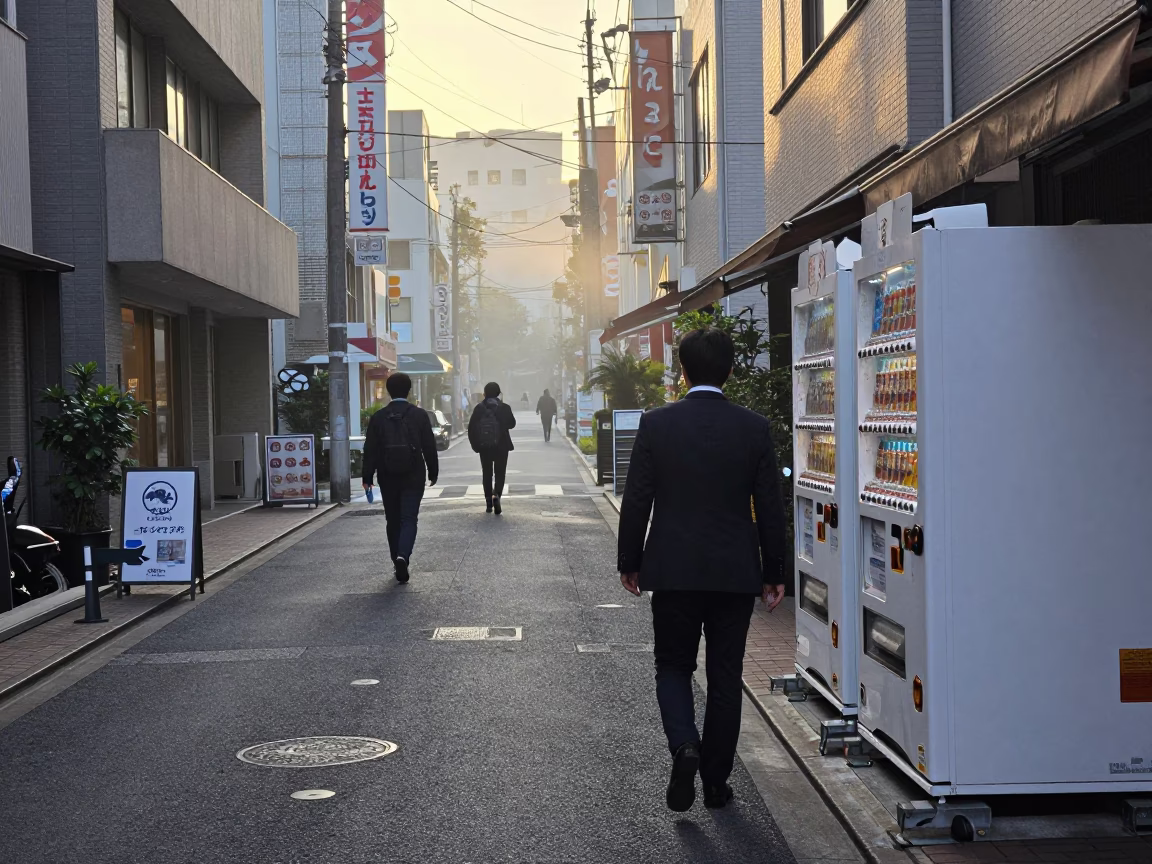 First light dawn in Tokyo Japan street scene with commuter and bicycle in in Tokyo, Japan