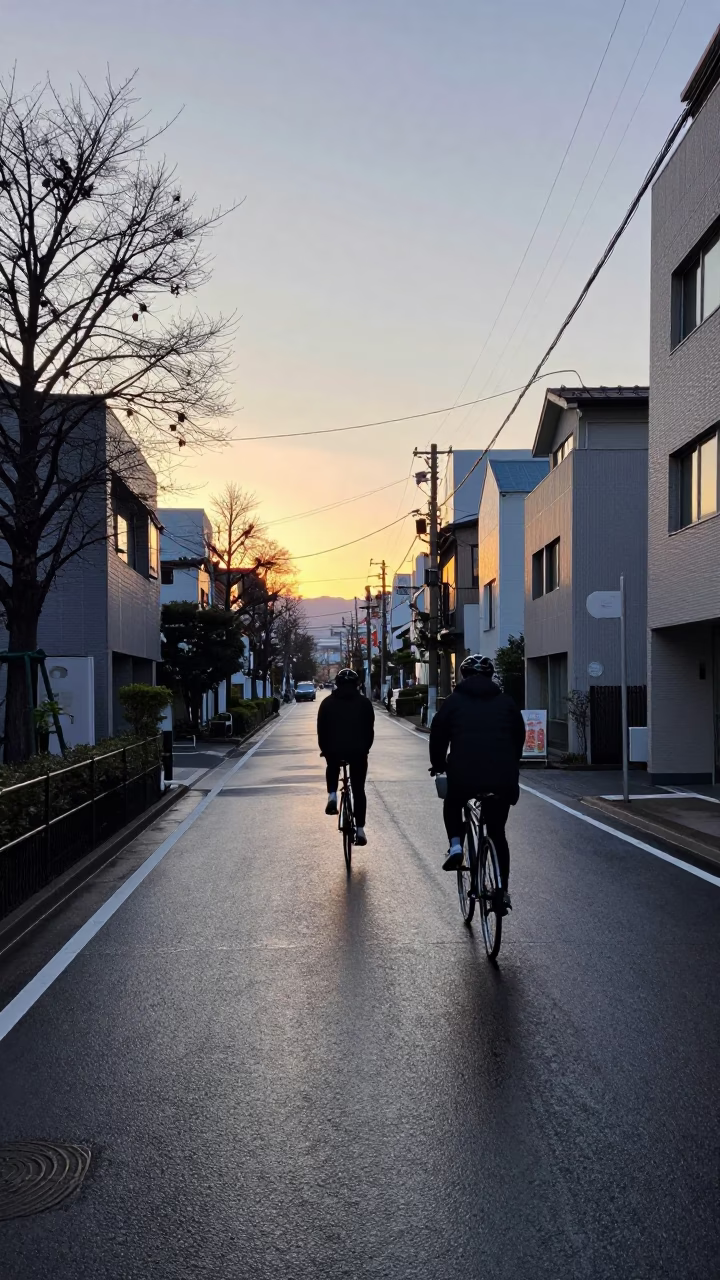 First Light Dawn in Tokyo Japan Street Scene with Cyclist and Urban Elements in in Tokyo, Japan