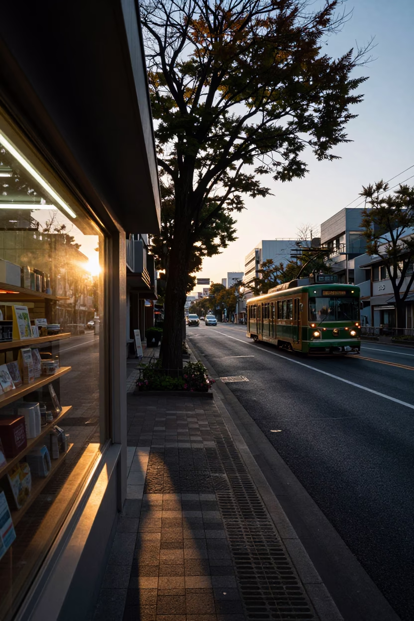 First Light Dawn in Tokyo Japan Street Scene with Tramcar and Commuter Train in in Tokyo, Japan