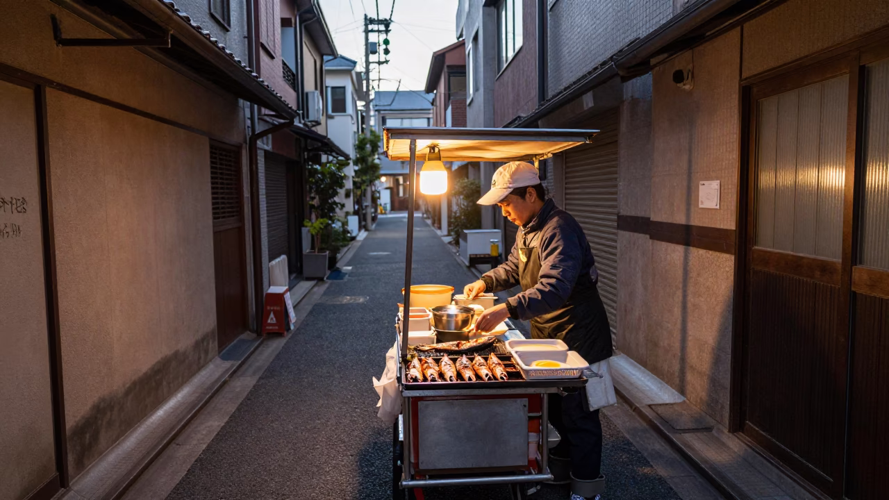 First light dawn in Tokyo Japan street vendor selling grilled fish on banana leaf in in Tokyo, Japan