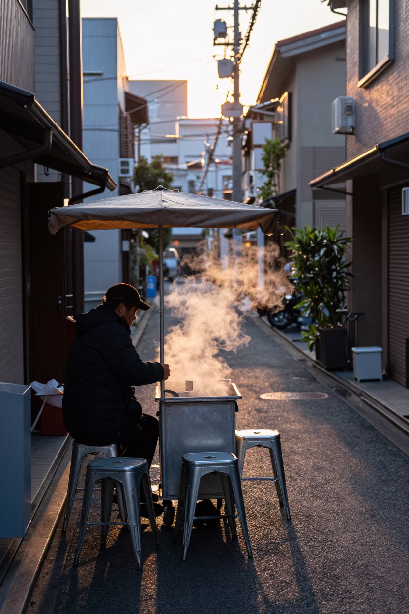 First light dawn in Tokyo street with metal stools and tonkatsu plate in in Tokyo, Japan