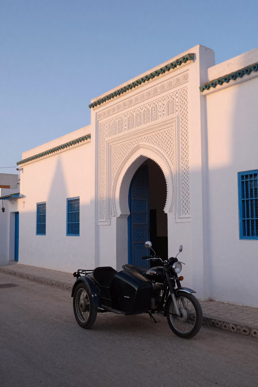First Light Dawn in Tunis Tunisia Street Scene with Vintage Motorcycle Sidecar in in Tunis, Tunisia