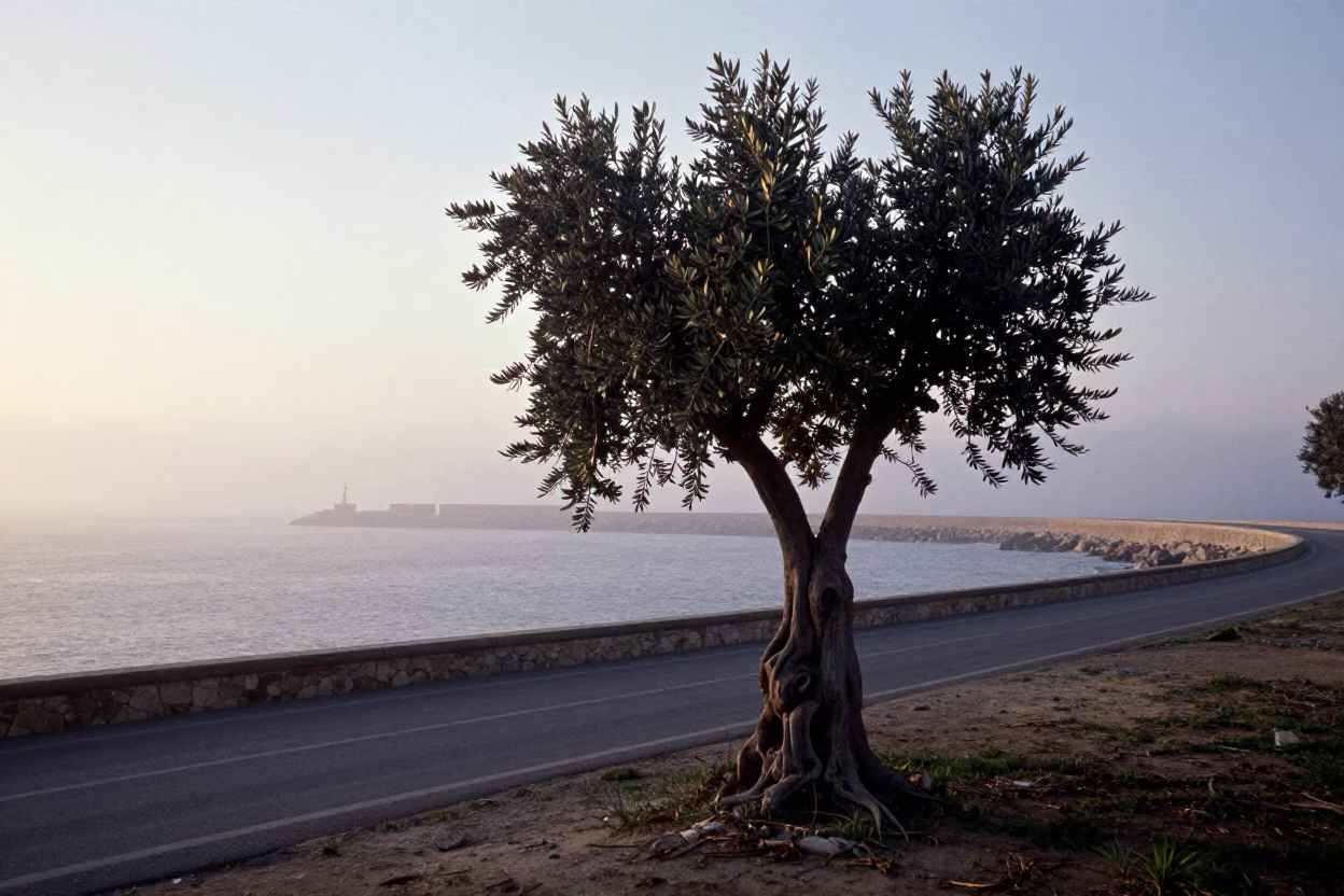 First light dawn in Tunis Tunisia with sea fog over breakwater and wild olives in in Tunis, Tunisia
