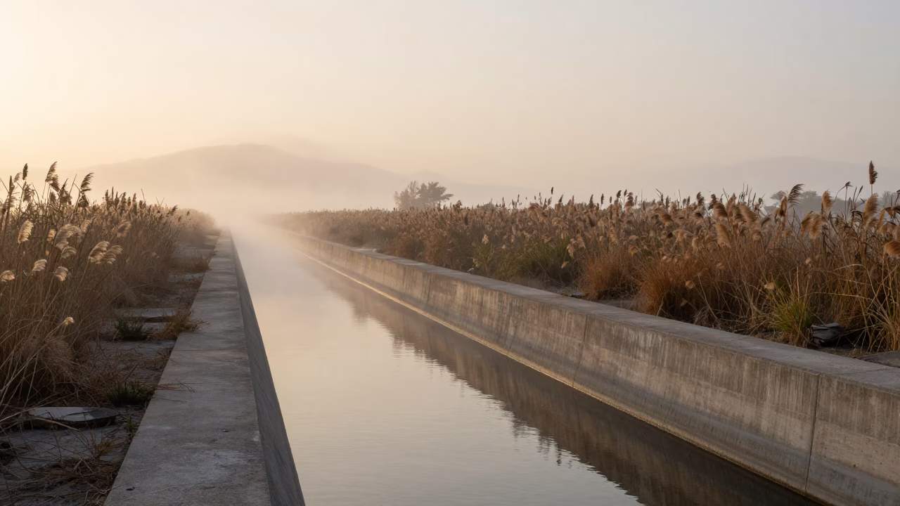 First light dawn in Valencia Spain concrete cooling canal reeds and district heating pipe in in Valencia, Spain