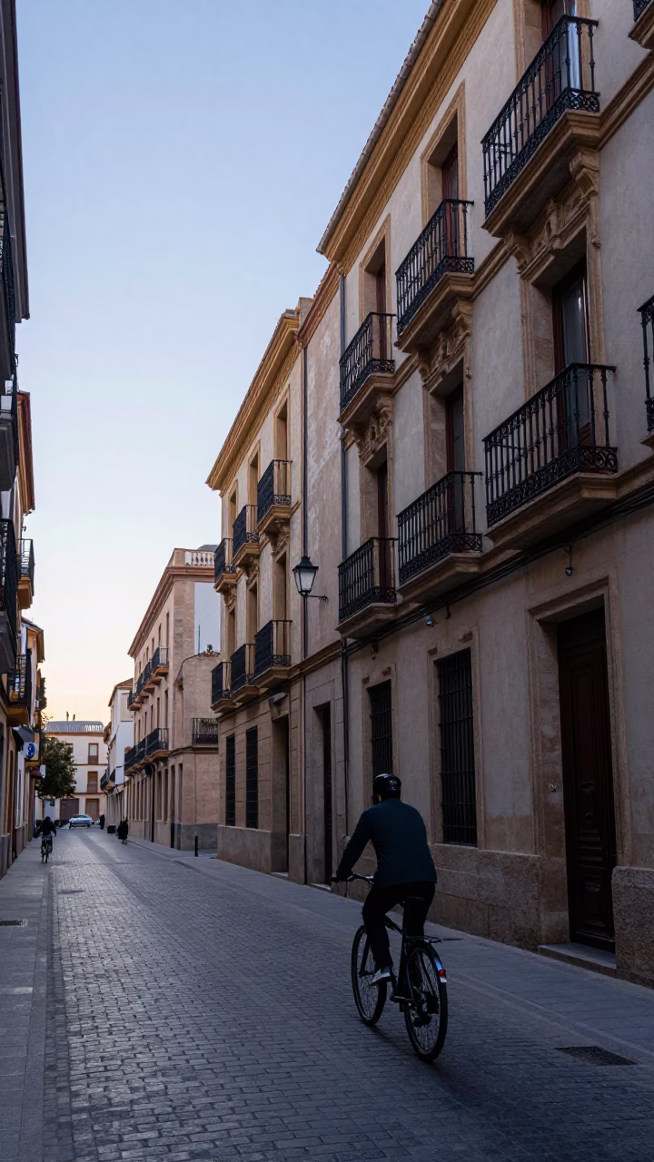 First light dawn in Valencia Spain street scene with bicycle and architecture in in Valencia, Spain