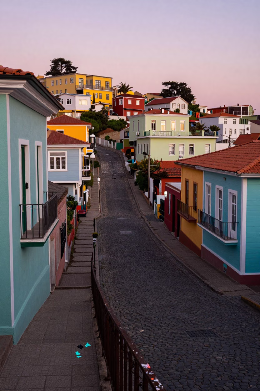 First Light Dawn in Valparaiso Chile Colorful Steep Streets and Historic Architecture in in Valparaiso, Chile