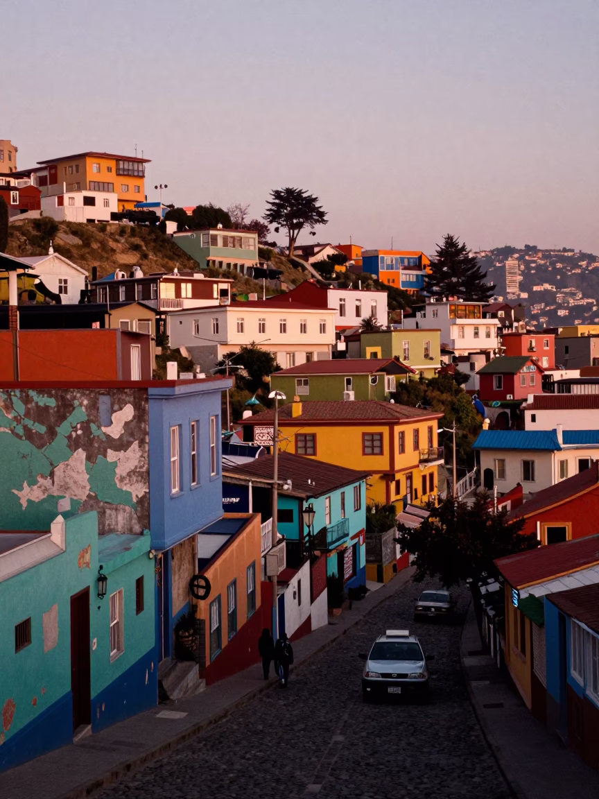 First Light Dawn in Valparaiso Chile Revealing Colorful Hillside Streets and Local Morning Life in in Valparaiso, Chile