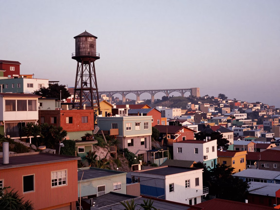 First Light Dawn in Valparaiso Chile Water Tower Rooftop and Viaduct Undercroft Scene in in Valparaiso, Chile