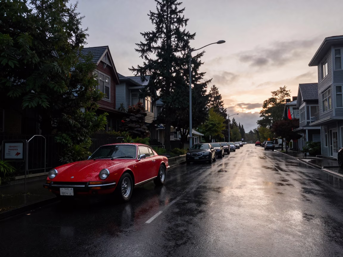 First Light Dawn in Vancouver British Columbia Canada Rainy Street Scene in in Vancouver, British Columbia, Canada