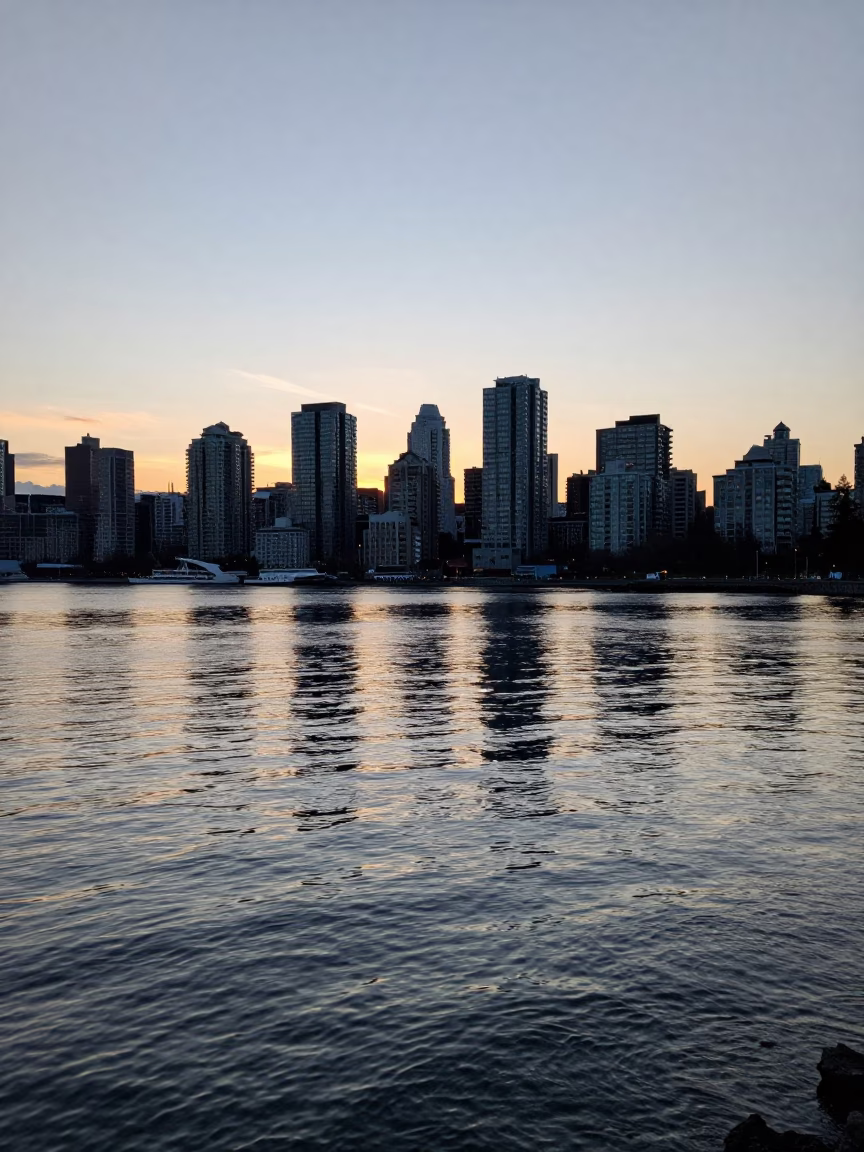 First light dawn in Vancouver British Columbia Canada with ripples on shallow water in in Vancouver, British Columbia, Canada