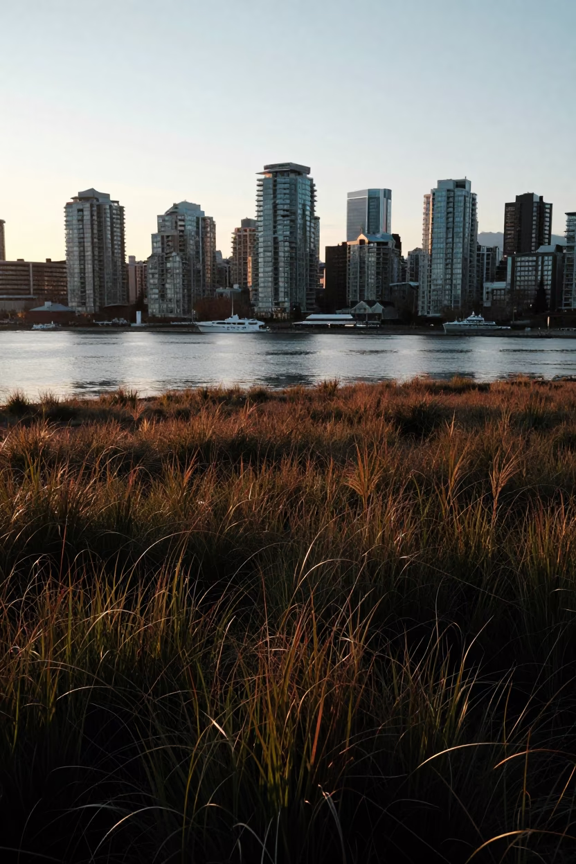 First Light Dawn in Vancouver British Columbia with Seagrass Meadow and City Skyline in in Vancouver, British Columbia, Canada