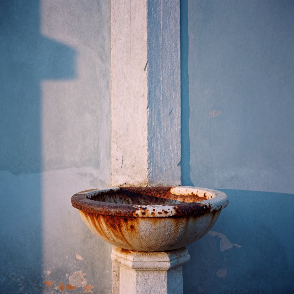 First Light Dawn in Venice Italy Rusty Basin and Faded Wall Details in in Venice, Italy