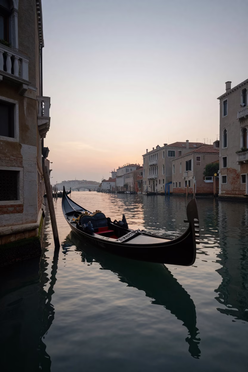 First Light Dawn in Venice Italy with Gondola and Water Reflections in in Venice, Italy