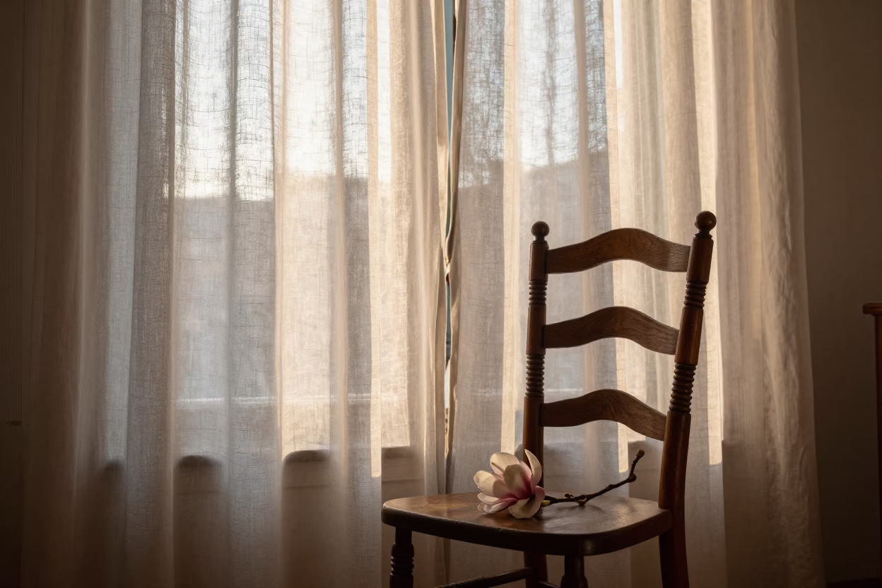 First Light Dawn in Venice Italy with Linen Curtains and Magnolia Bloom in in Venice, Italy