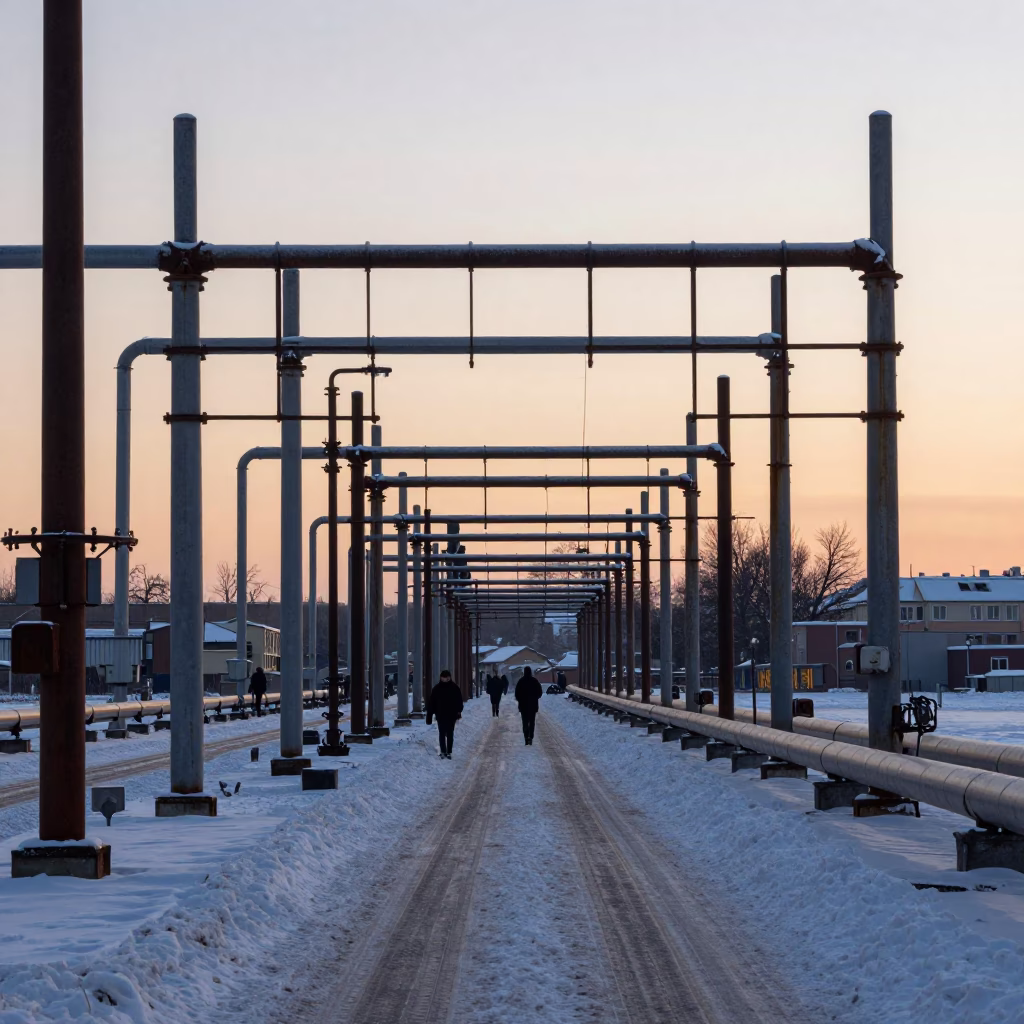 First Light Dawn in Vienna Austria District Heating Pipe Corridor Snow Covered Ground in in Vienna, Austria