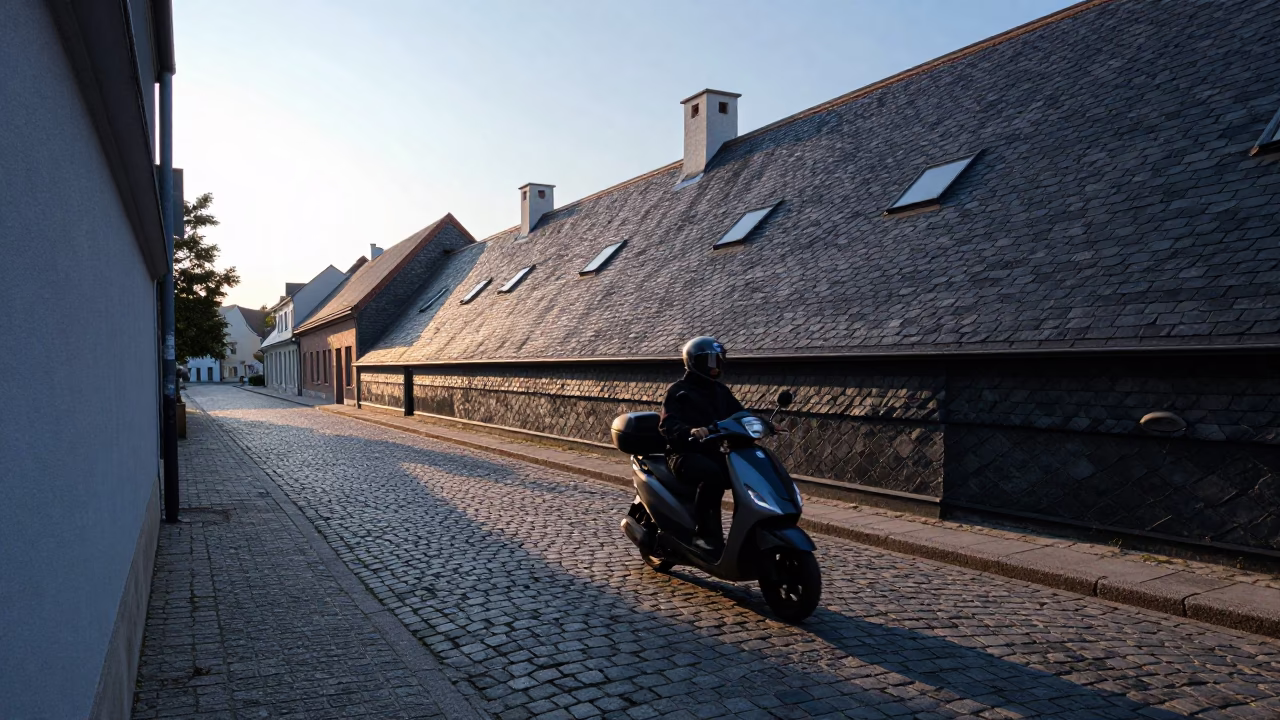 First Light Dawn in Vienna Austria Scooter Passing Historic Cobblestone Street in in Vienna, Austria