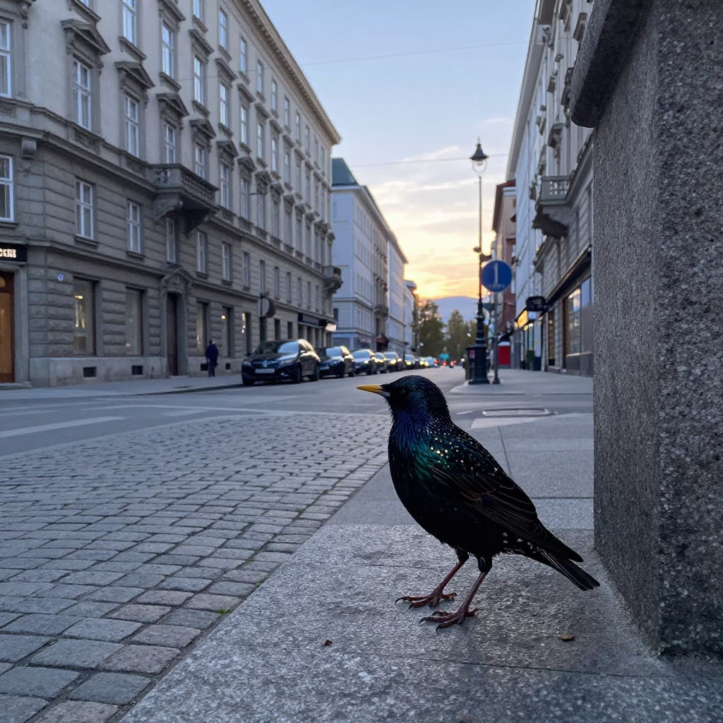 First Light Dawn in Vienna Austria Street Scene with Superb Starling in in Vienna, Austria