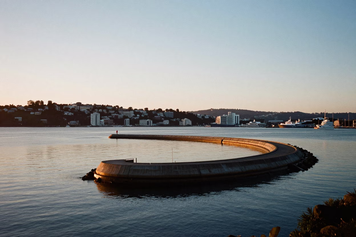 First Light Dawn in Wellington New Zealand Harbor Breakwater Spiral View in in Wellington, New Zealand