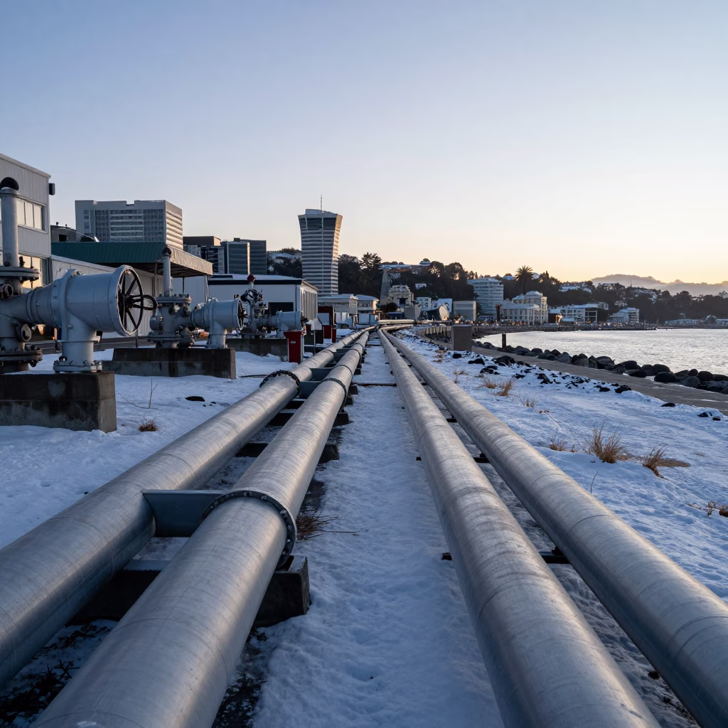 First Light Dawn in Wellington New Zealand with District Heating Pipes and Snow in in Wellington, New Zealand