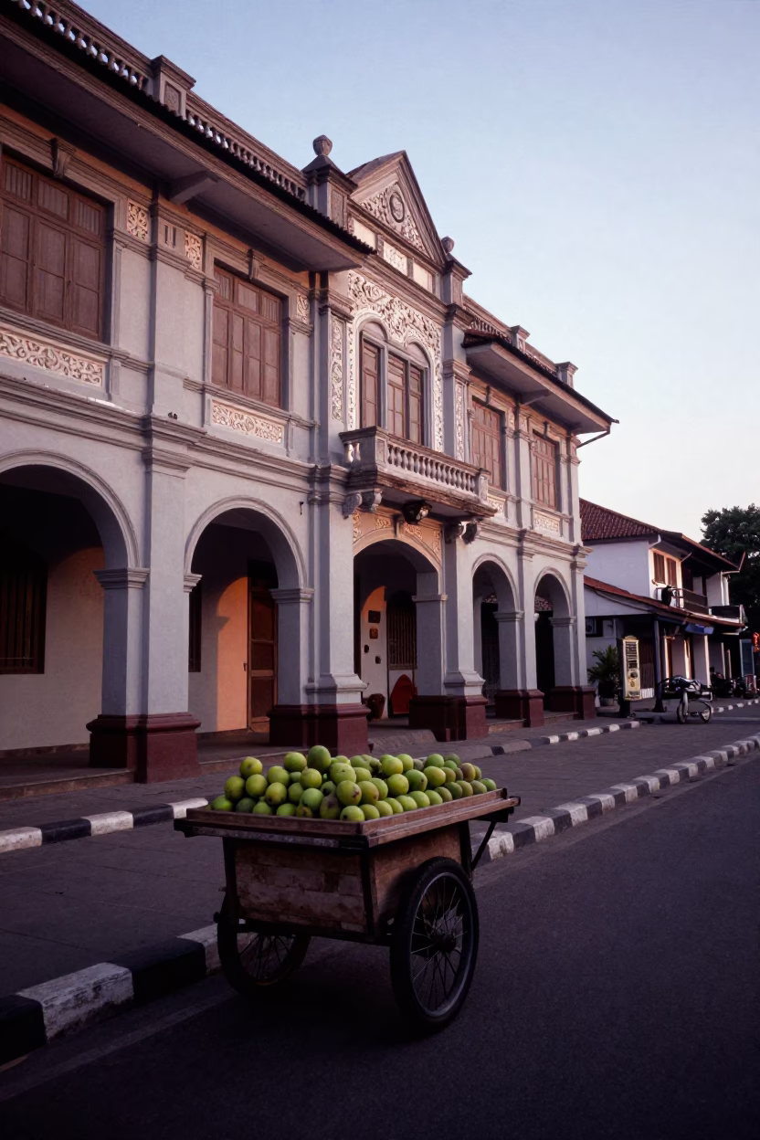 First Light Dawn in Yogyakarta Indonesia Street Scene with Figs and Heritage in in Yogyakarta, Indonesia