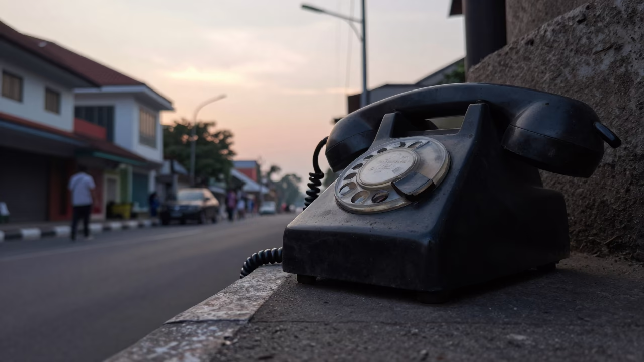 First Light Dawn in Yogyakarta Indonesia Street Scene with Vintage Bakelite Telephone in in Yogyakarta, Indonesia