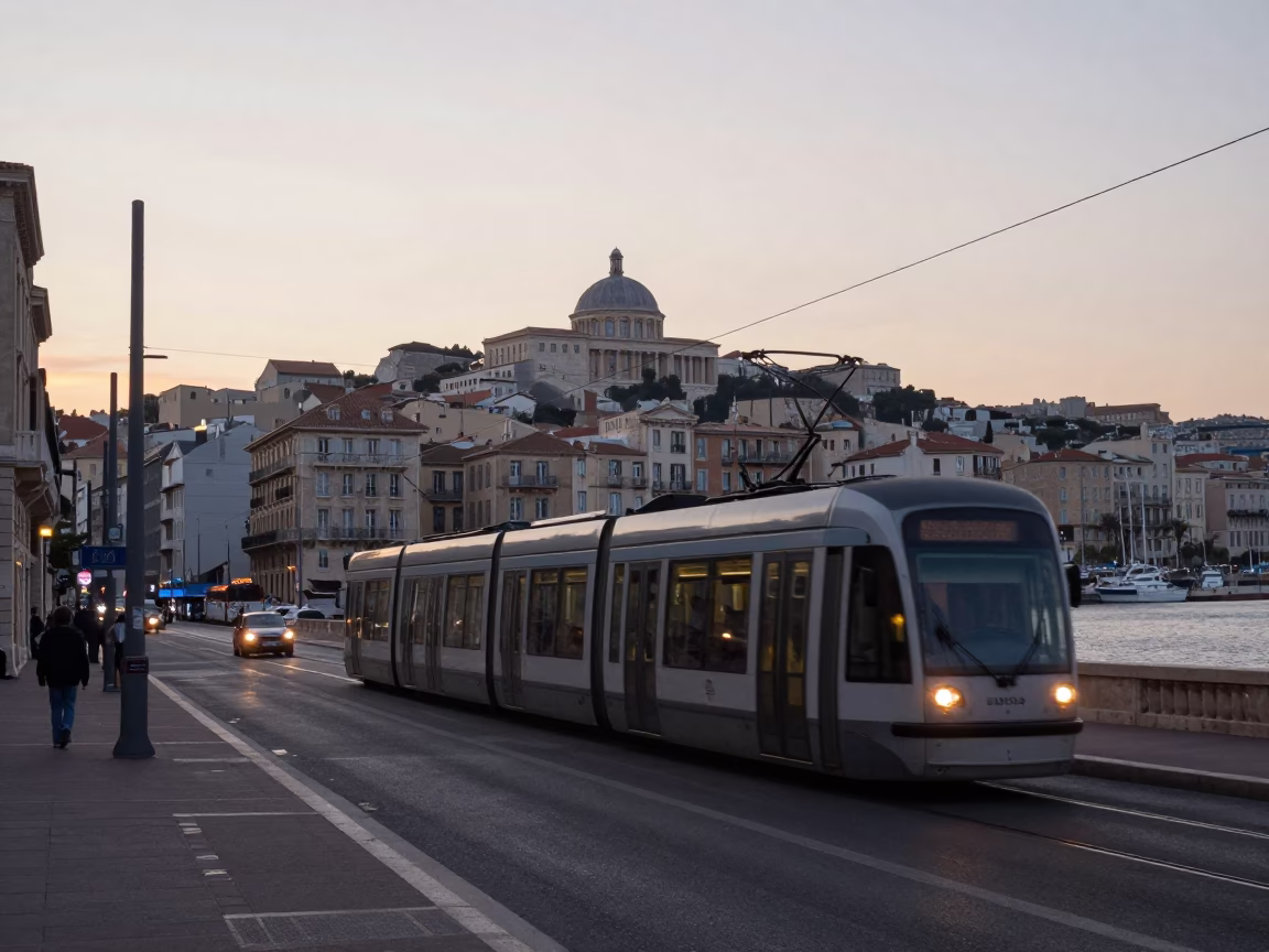 First Light Dawn Marseille Street Scene with Tram and Canal Barge in in Marseille, France